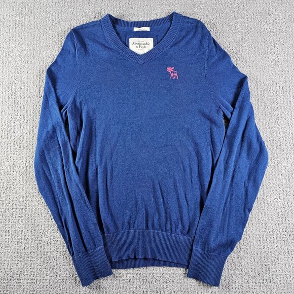 Abercrombie and Fitch Sweater Mens Large Muscle V Neck‎ Blue Long Sleeve Cotton - Picture 1 of 9